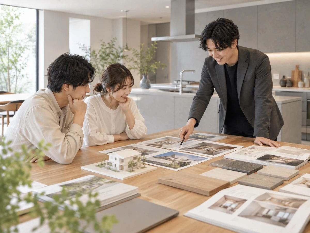 施工事例の資料を見ながらの打ち合わせ